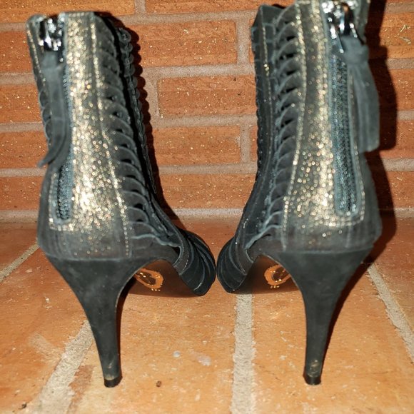Elie Tahari Black/Gold Suede Peep Toe Woven Mid-Calf Bootie Size 38 1/2 - Picture 7 of 7